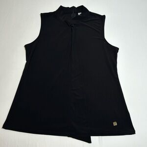 Anne Klein Black Mock Neck Blouse Tank Top Shirt Size Medium Tie Front Zip Back